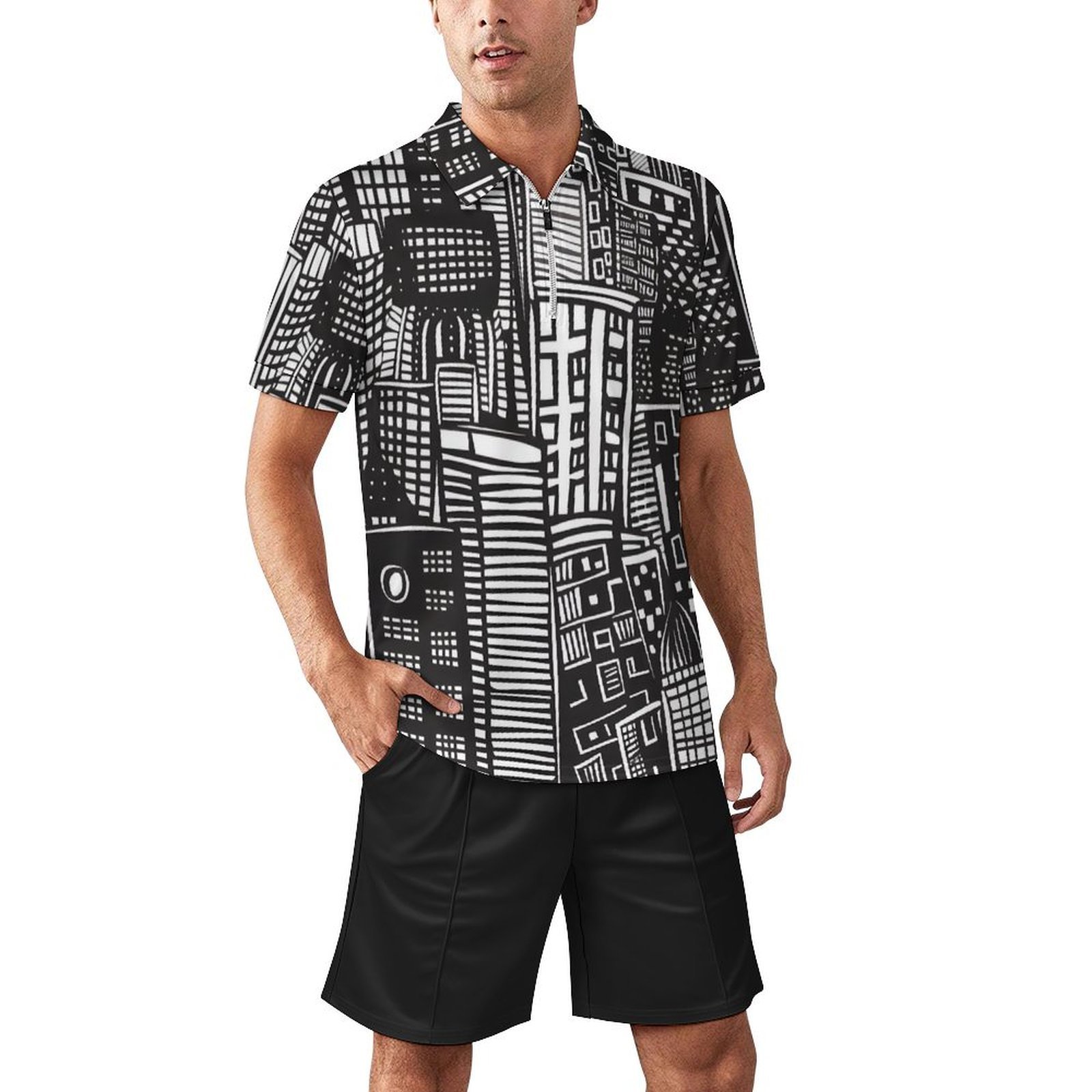 BJORLIE Men’s Zip-Up Polo Shirt and Shorts Set with Pockets 2 Piece Outfit – S-5X – Black and White Abstract Graffiti City