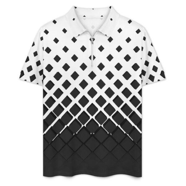 BJORLIE Men's Zip-Up Polo Shirt and Shorts Set with Pockets 2 Piece Outfit - S-5X - Black and White 3D Diamond Ombre Gradient - Image 2