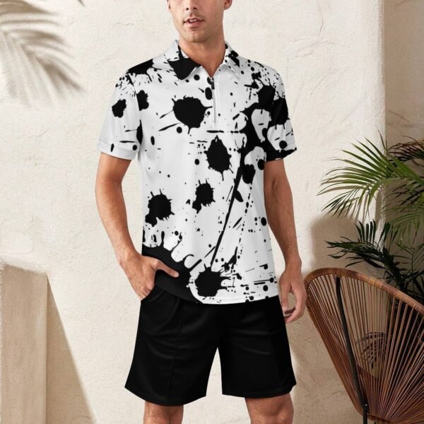 BJORLIE Men's Zip-Up Polo Shirt and Shorts Set with Pockets 2 Piece Outfit - S-5X - Black and White Inkblot Paint Splatter - Image 7