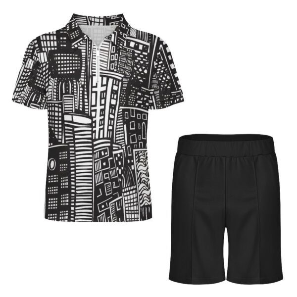 BJORLIE Men's Zip-Up Polo Shirt and Shorts Set with Pockets 2 Piece Outfit - S-5X - Black and White Abstract Graffiti City - Image 5
