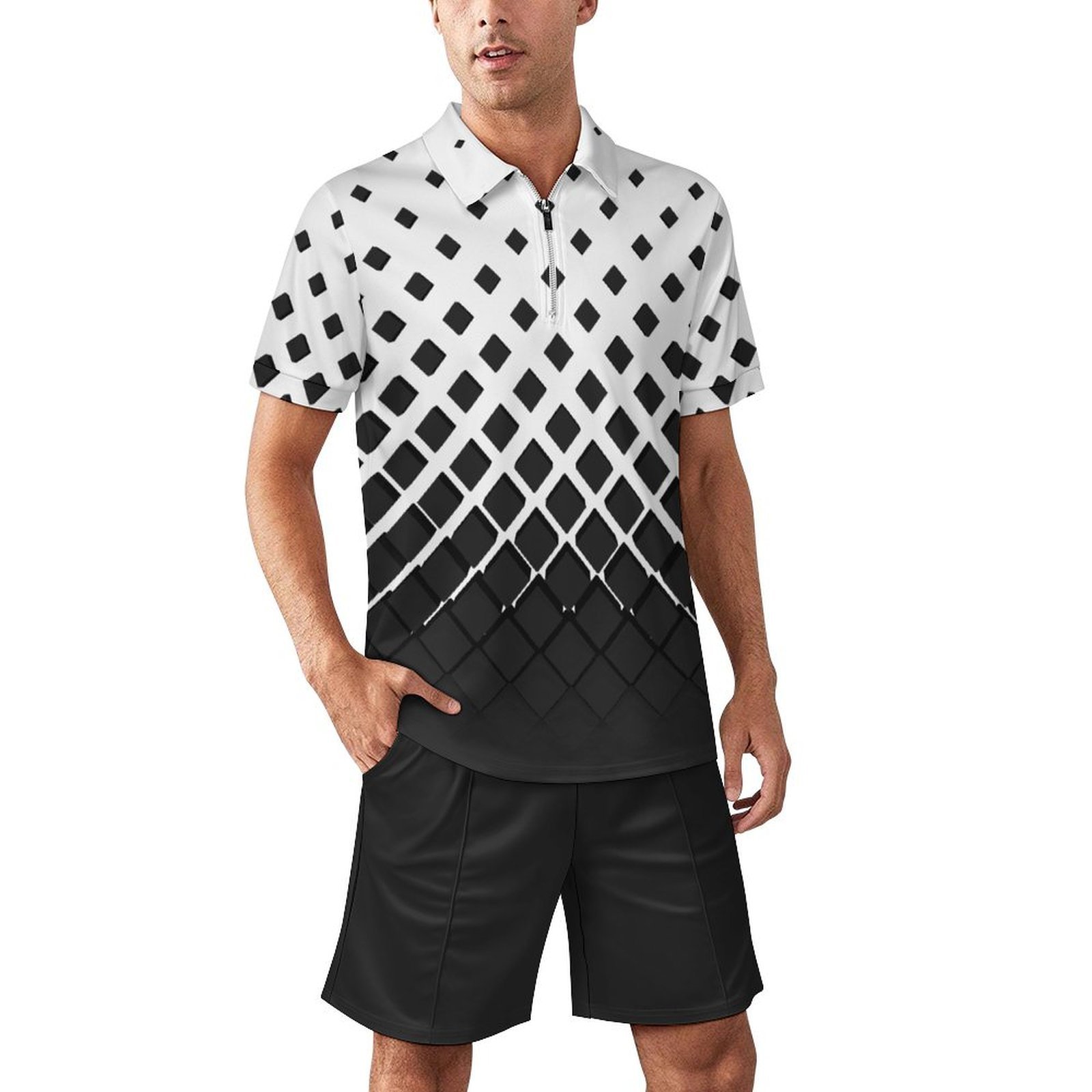BJORLIE Men’s Zip-Up Polo Shirt and Shorts Set with Pockets 2 Piece Outfit – S-5X – Black and White 3D Diamond Ombre Gradient