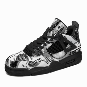 BJORLIE Unisex Air Cushion Basketball Shoes with Black Rubber Mesh Sole Design - Black and White Money Print