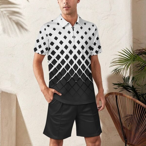 BJORLIE Men's Zip-Up Polo Shirt and Shorts Set with Pockets 2 Piece Outfit - S-5X - Black and White 3D Diamond Ombre Gradient - Image 7