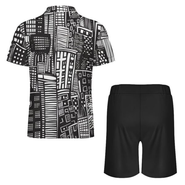 BJORLIE Men's Zip-Up Polo Shirt and Shorts Set with Pockets 2 Piece Outfit - S-5X - Black and White Abstract Graffiti City - Image 4