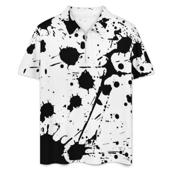 BJORLIE Men's Zip-Up Polo Shirt and Shorts Set with Pockets 2 Piece Outfit - S-5X - Black and White Inkblot Paint Splatter - Image 2