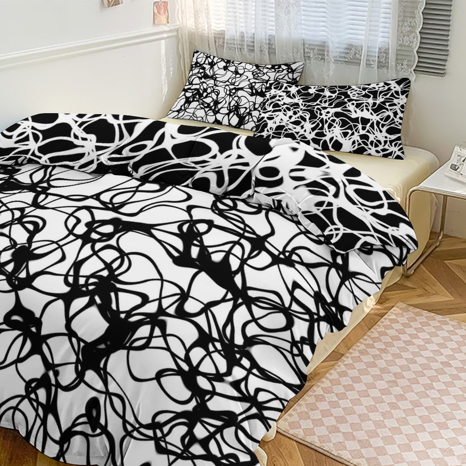3-Piece Bedding Set (1 Duvet Cover + 2 Pillow Shams) 3-Piece Bedding Set 102″×90″  Black and White Abstract Scribble