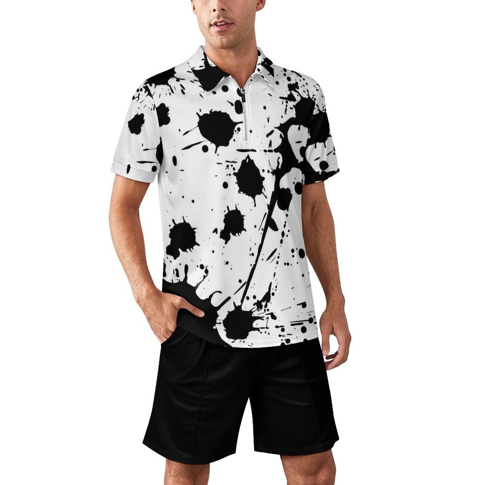 BJORLIE Men’s Zip-Up Polo Shirt and Shorts Set with Pockets 2 Piece Outfit – S-5X – Black and White Inkblot Paint Splatter