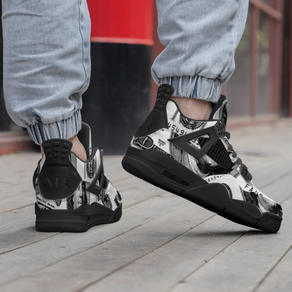 BJORLIE Unisex Air Cushion Basketball Shoes with Black Rubber Mesh Sole Design - Black and White Money Print - Image 8