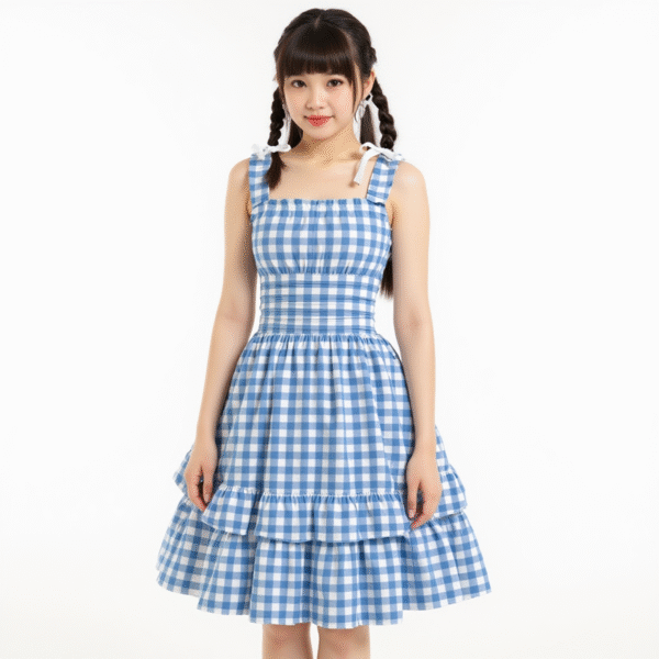 BJORLIE Women's Blue Gingham Ruffle Hem Dress with Ruched Bust