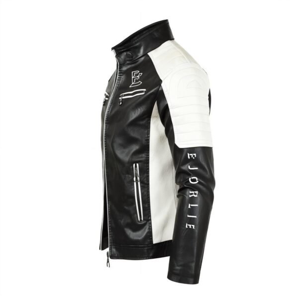 BJORLIE Men's Black White Slim-fit Vegan Leather Racing Jacket DTF Print - Image 3