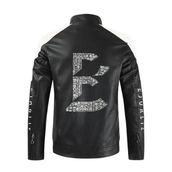 BJORLIE Men's Black White Slim-fit Vegan Leather Racing Jacket DTF Print - Image 4