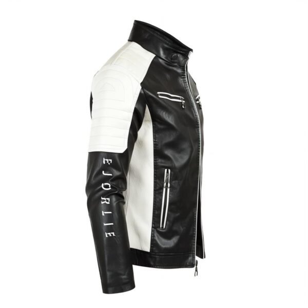 BJORLIE Men's Black White Slim-fit Vegan Leather Racing Jacket DTF Print - Image 2