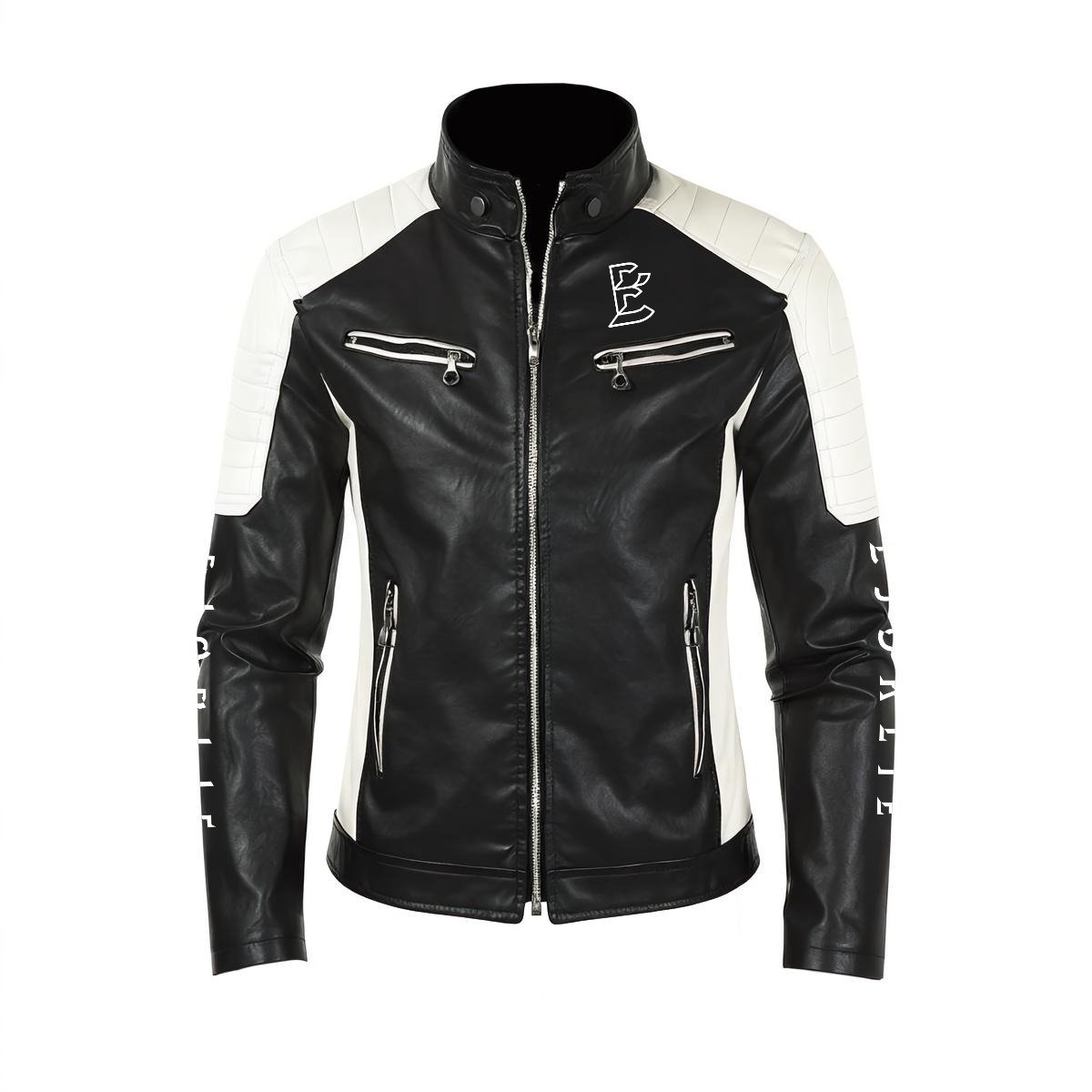 BJORLIE Men’s Black White Slim-fit Vegan Leather Racing Jacket DTF Print