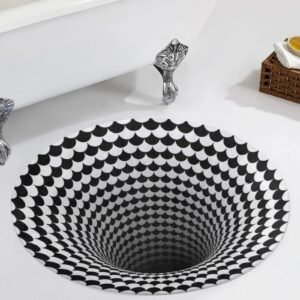3D Optical Illusion Round Floor Mat – Black and White Tunnel Rug, Anti-Slip Coral Fleece Carpet, Modern Home Decor, Unique Room Accent 35"