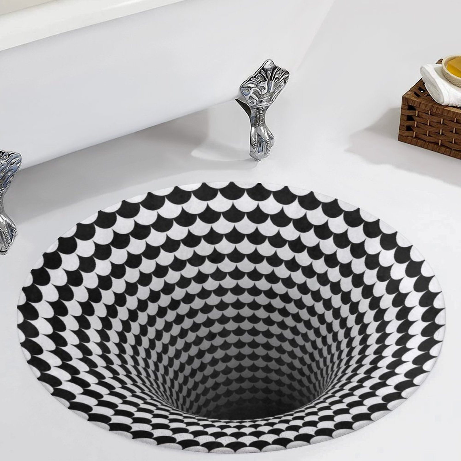 3D Optical Illusion Round Floor Mat – Black and White Tunnel Rug, Anti-Slip Coral Fleece Carpet, Modern Home Decor, Unique Room Accent 35″