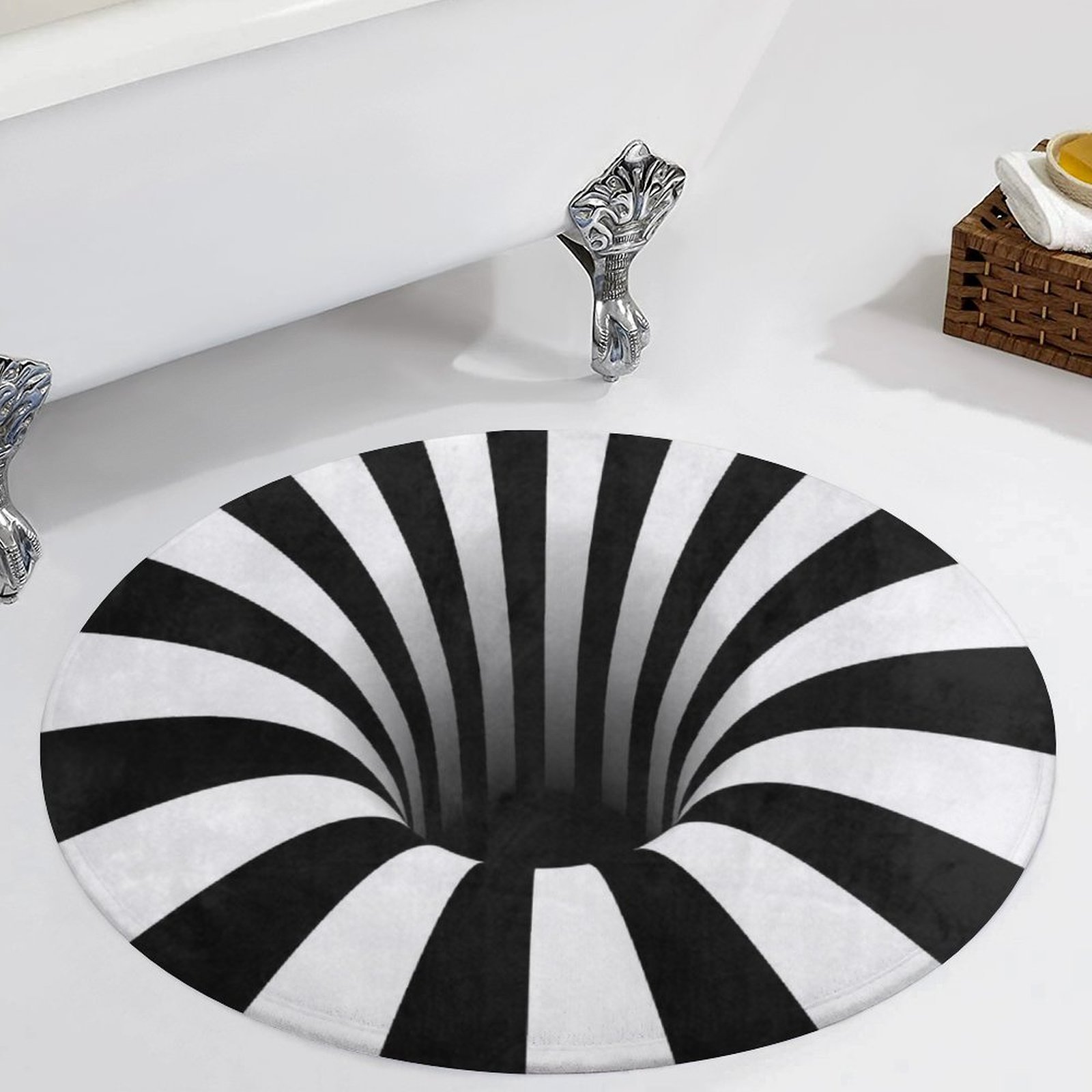 3D Optical Illusion Round Floor Mat – Stripes Black and White Tunnel Rug, Anti-Slip Coral Fleece Carpet, Modern Home Decor, Unique Room Accent 35″