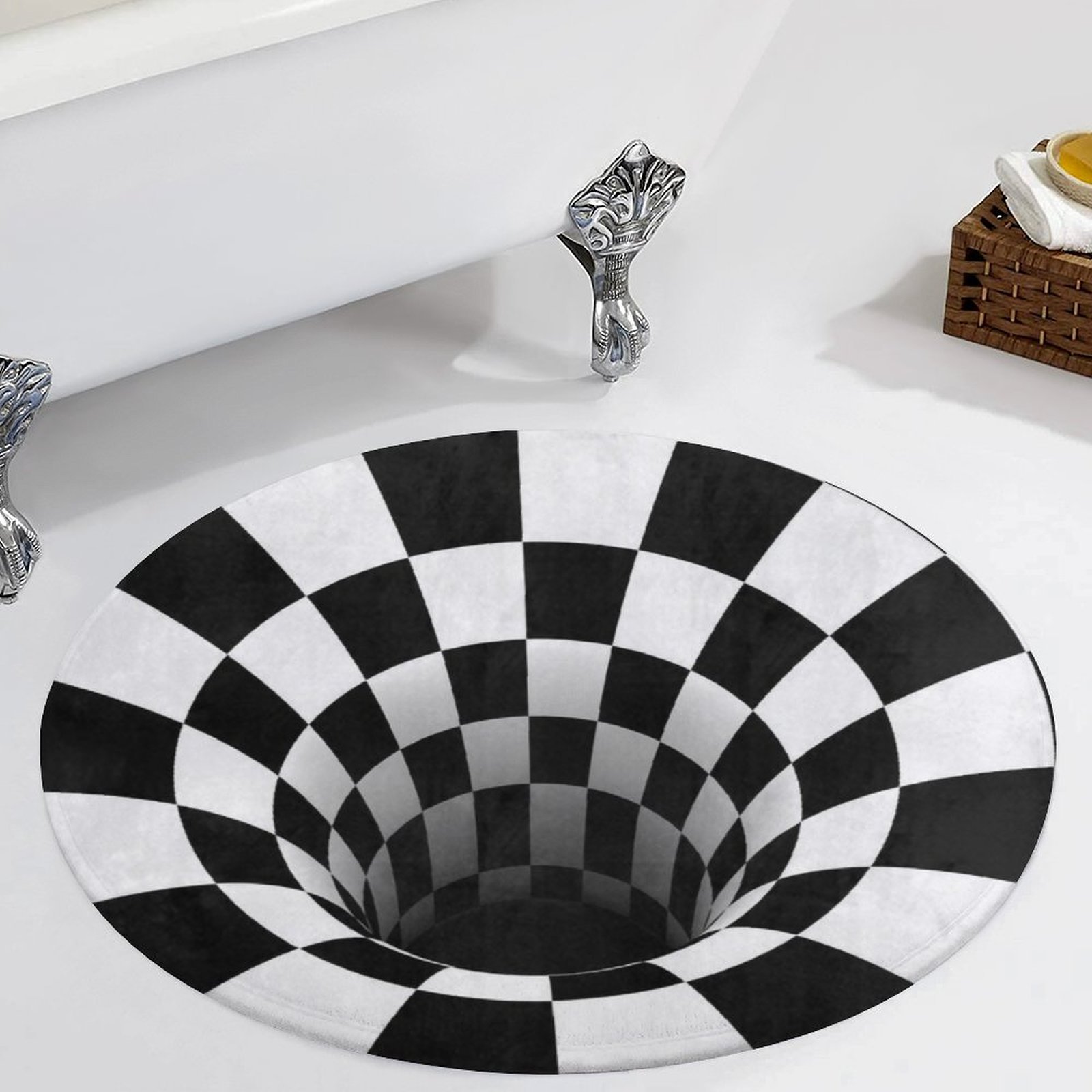 3D Optical Illusion Round Floor Mat – Checkerboard Black and White Tunnel Rug, Anti-Slip Coral Fleece Carpet, Modern Home Decor, Unique Room Accent 35″