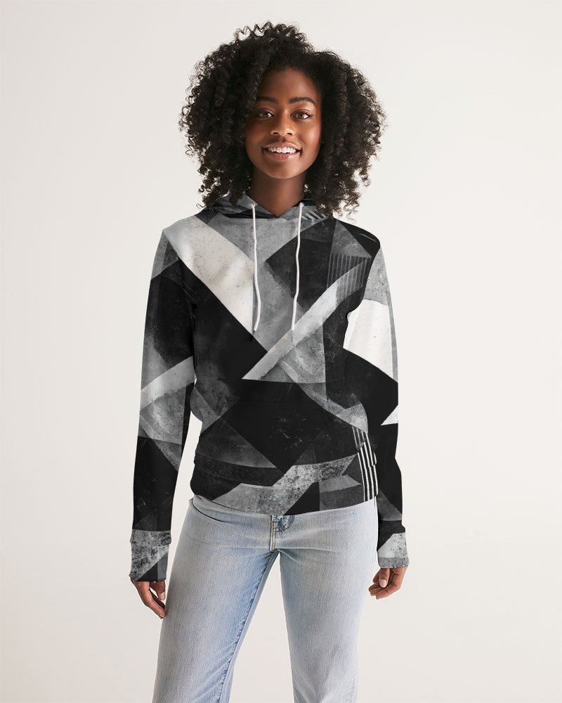 Women’s Black and White Hoodie with Pockets – Abstract Geometric Grunge Cubism