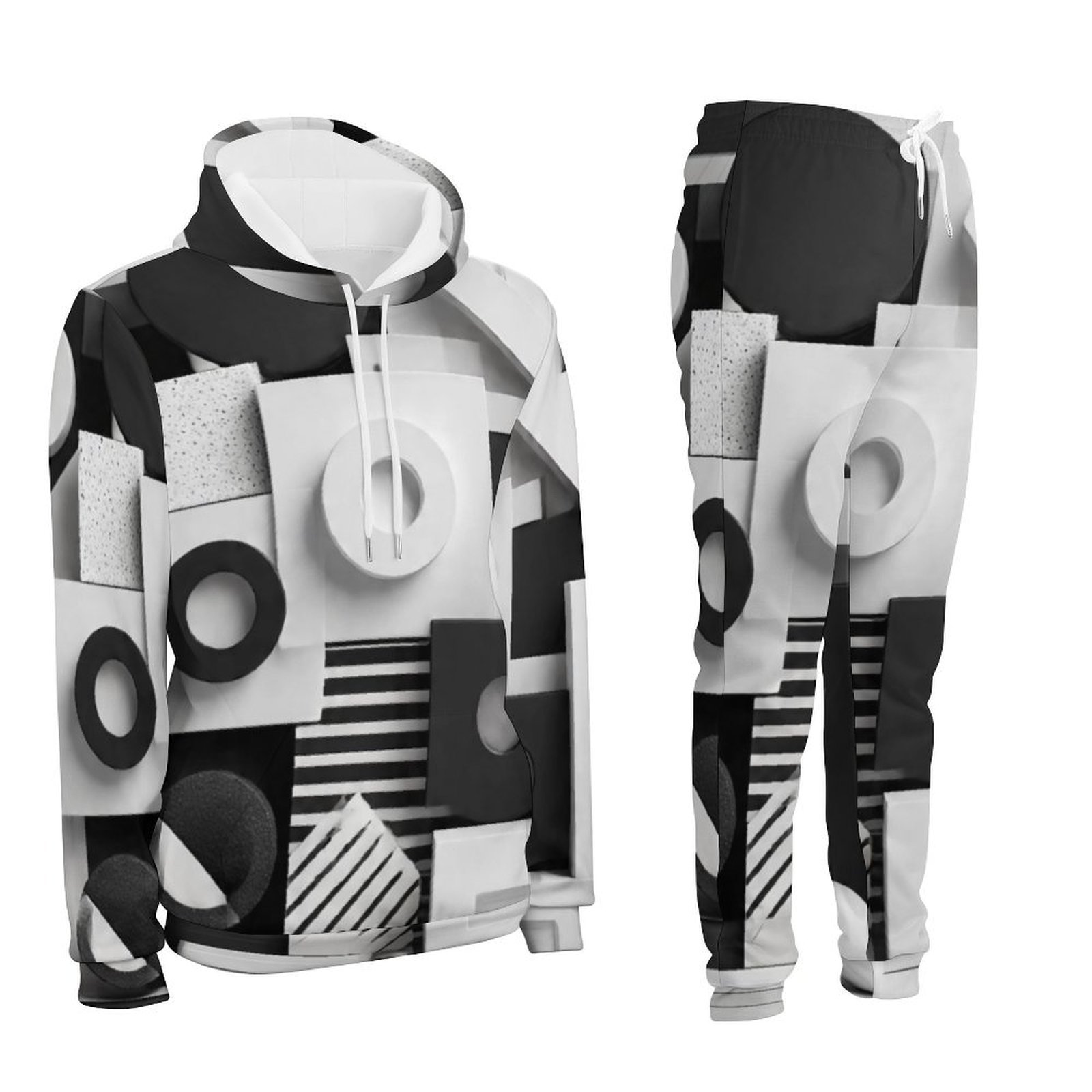 3D Geometry Black and White Abstract Men's All-Over Print Tracksuit - Image 2