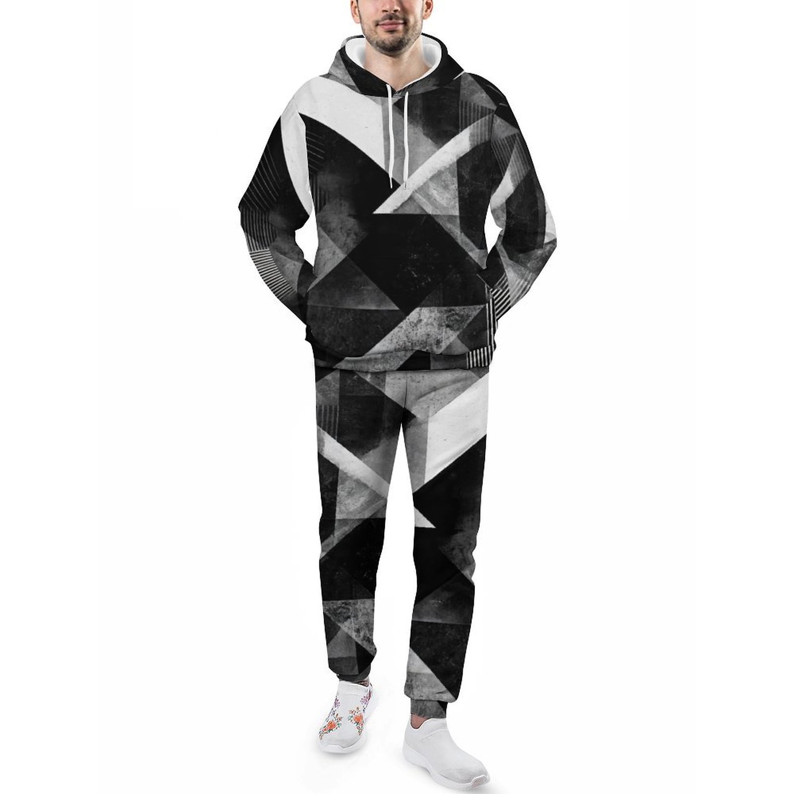 Abstract Geometric Black and White Grunge Cubism Men’s All-Over Print Tracksuit