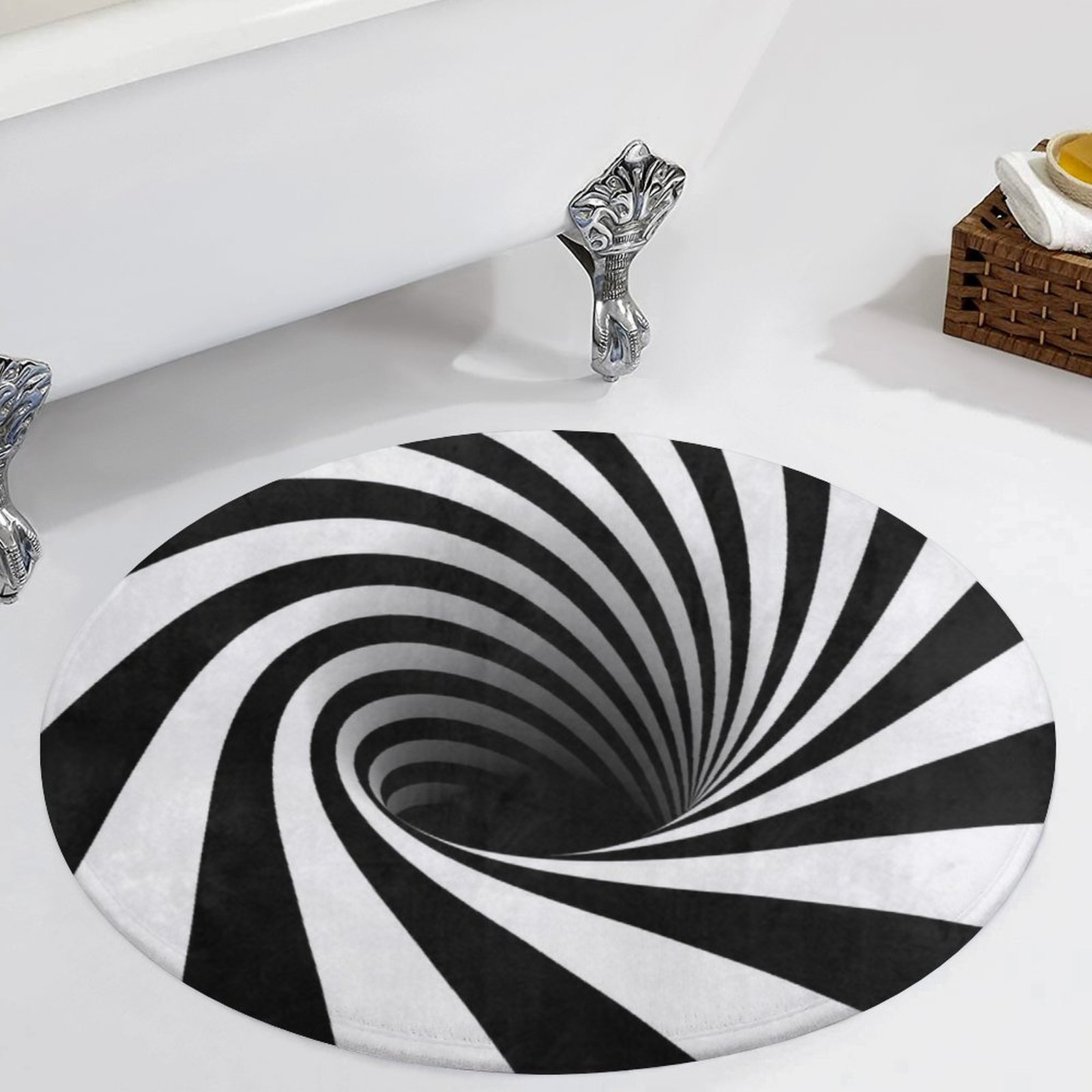 3D Optical Illusion Round Floor Mat – Swirl Black and White Tunnel Rug, Anti-Slip Coral Fleece Carpet, Modern Home Decor, Unique Room Accent 35″
