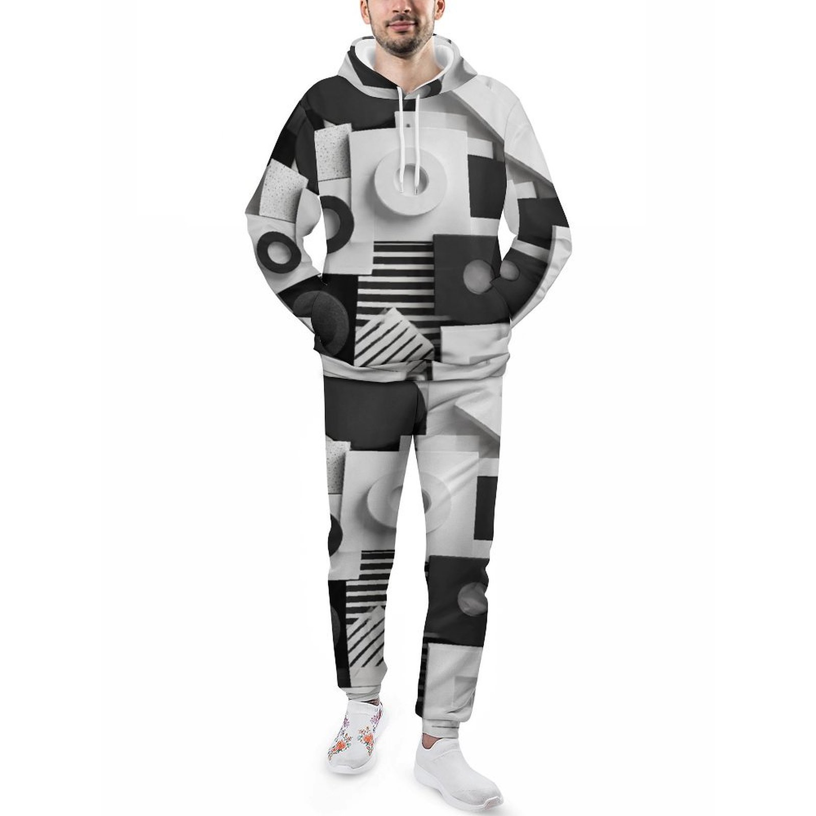 3D Geometry Black and White Abstract Men’s All-Over Print Tracksuit